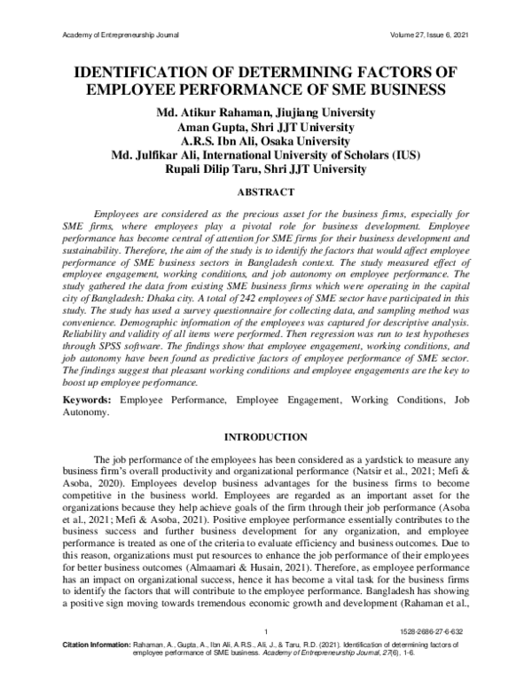 (PDF) Identification of Determining Factors of Employee Performance of ...