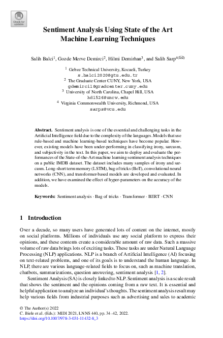 (PDF) Sentiment Analysis Using State of the Art Machine Learning Techniques