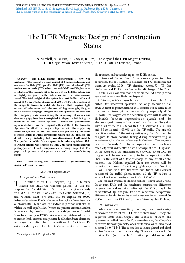 (PDF) The ITER Magnets: Design and Construction Status