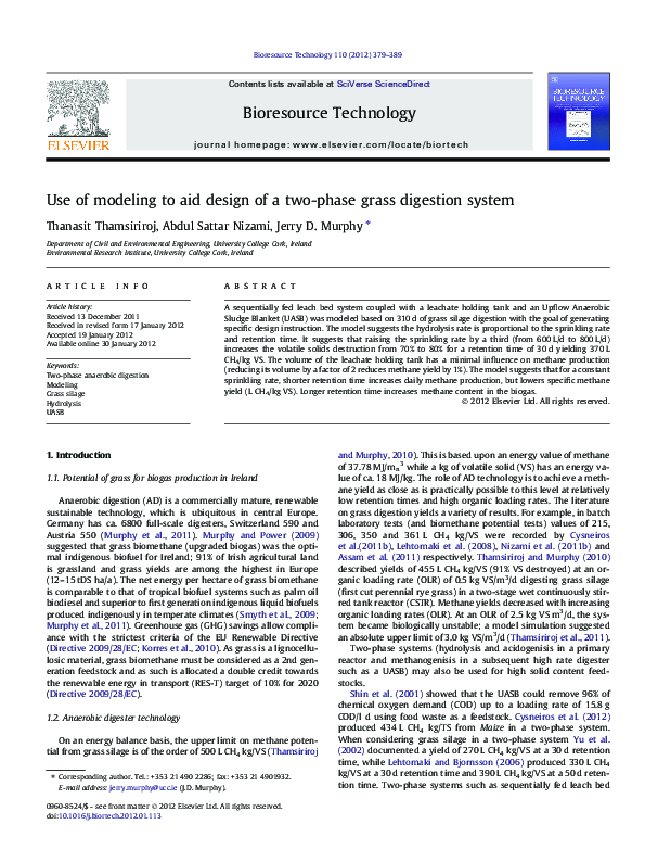 (PDF) Use of modeling to aid design of a two-phase grass digestion system