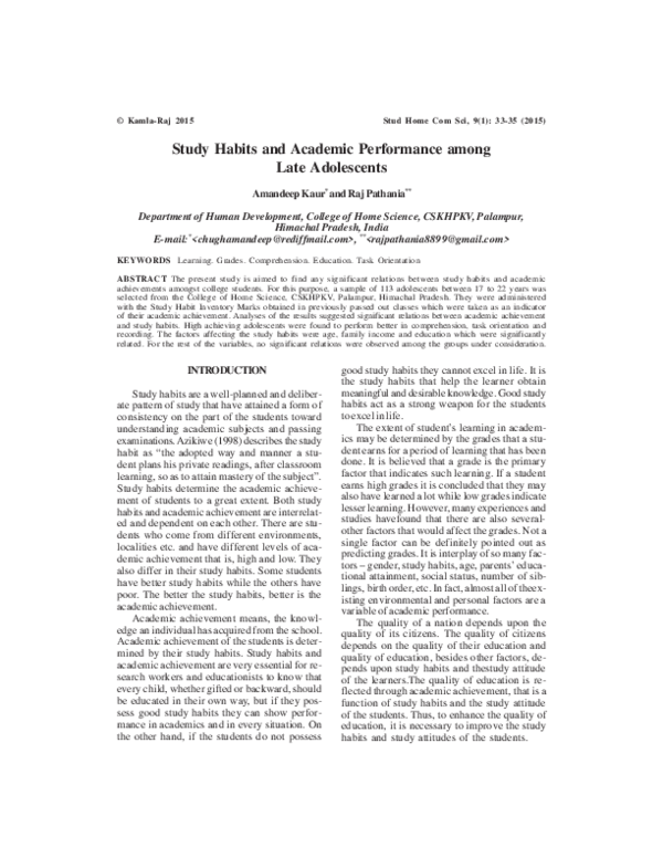 (PDF) Study Habits and Academic Performance among Late Adolescents