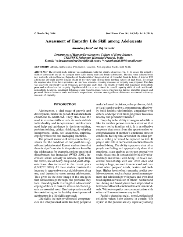 (PDF) Assessment of Empathy Life Skill among Adolescents