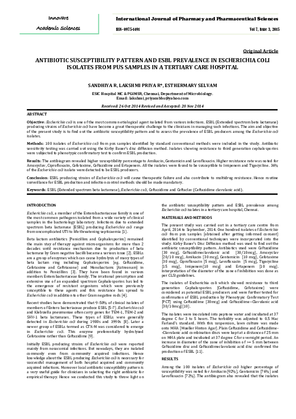 (PDF) ANTIBIOTIC SUSCEPTIBILITY PATTERN AND ESBL PREVALENCE IN ...