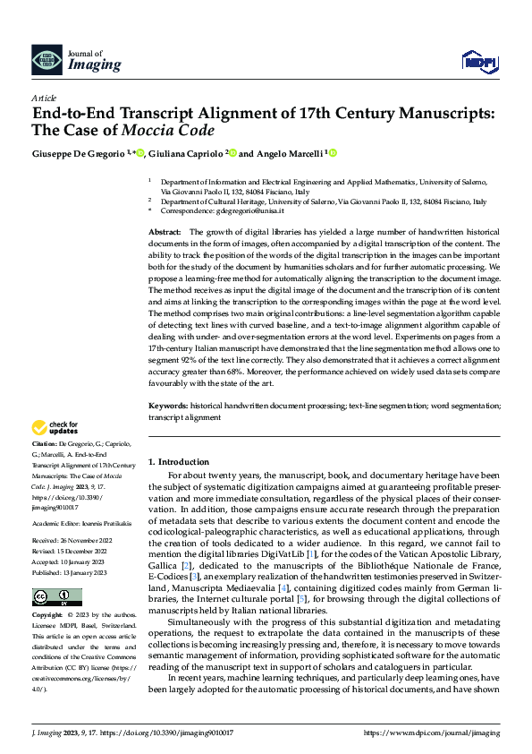 (PDF) End-to-End Transcript Alignment of 17th Century Manuscripts: The ...