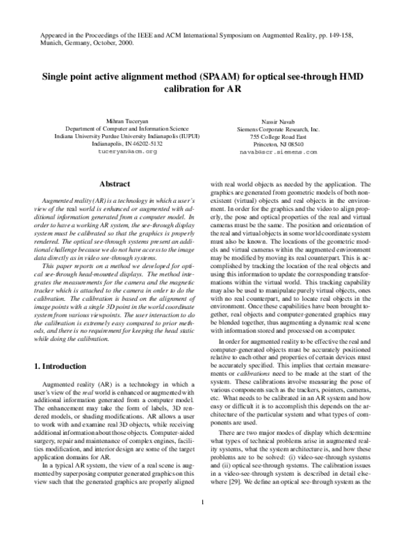 (PDF) Single point active alignment method (SPAAM) for optical see ...