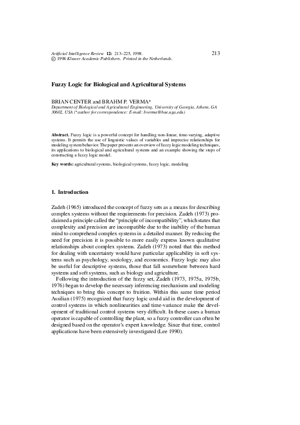(PDF) Fuzzy Logic for Biological and Agricultural Systems