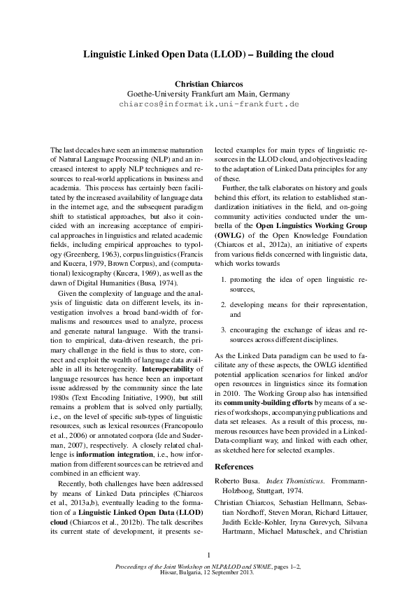 (PDF) Linguistic Linked Open Data (LLOD) -- Building the cloud