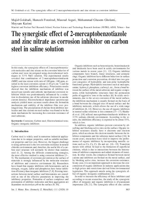 (PDF) The synergistic effect of 2-mercaptobenzotiazole and zinc nitrate ...