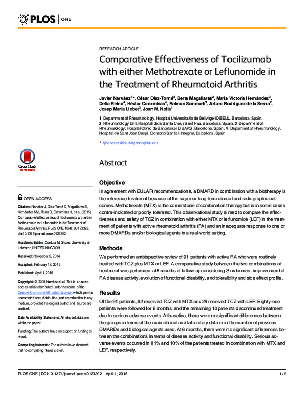 (PDF) Comparative Effectiveness of Tocilizumab with either Methotrexate ...