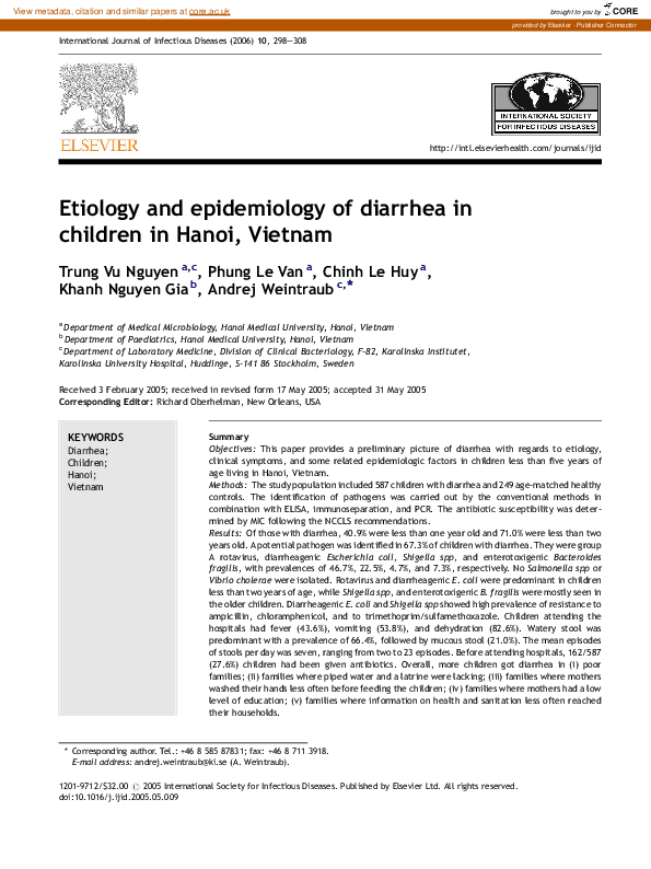 (PDF) Etiology and epidemiology of diarrhea in children in Hanoi, Vietnam