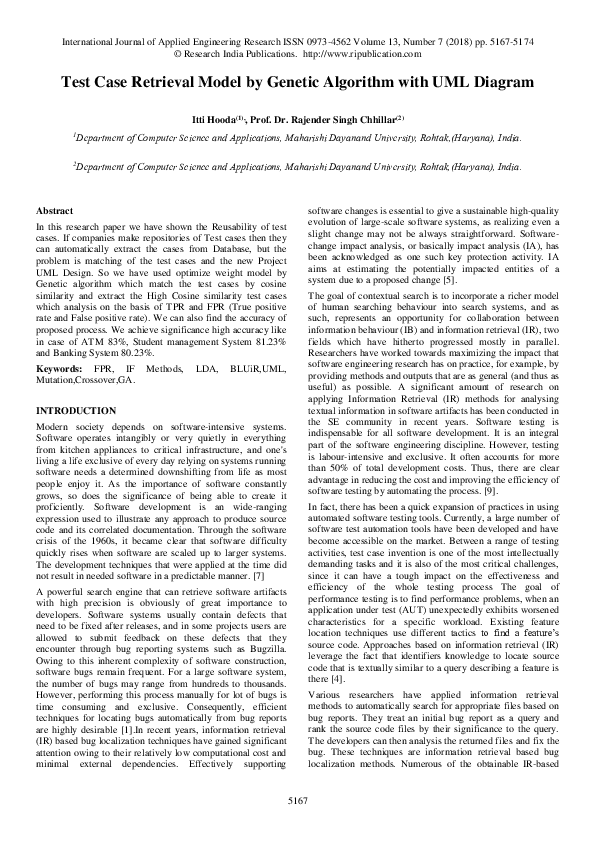 (PDF) Test Case Retrieval Model by Genetic Algorithm with UML Diagram