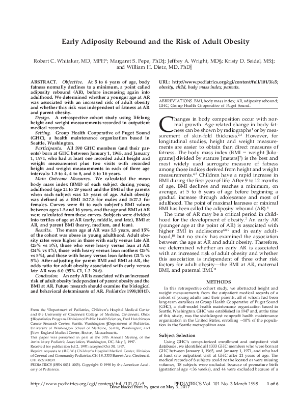 (PDF) Early Adiposity Rebound and the Risk of Adult Obesity