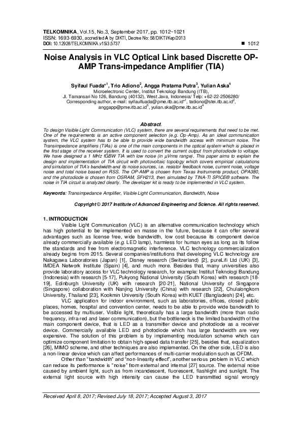 (PDF) Noise Analysis in VLC Optical Link based Discrette OP-AMP Trans ...