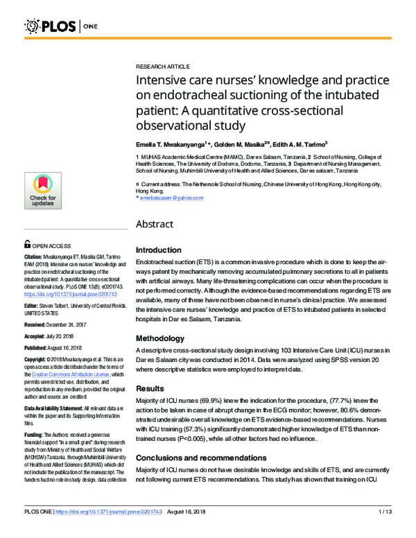 (PDF) Intensive care nurses’ knowledge and practice on endotracheal ...