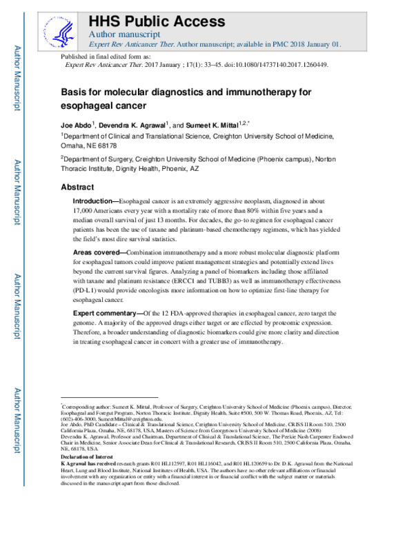 (PDF) Basis for molecular diagnostics and immunotherapy for esophageal ...