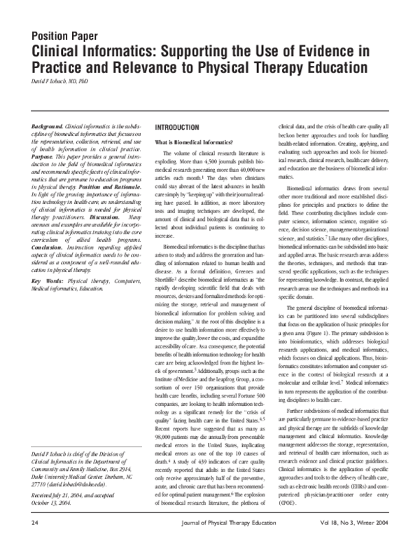 (PDF) Clinical Informatics: Supporting the Use of Evidence in Practice ...