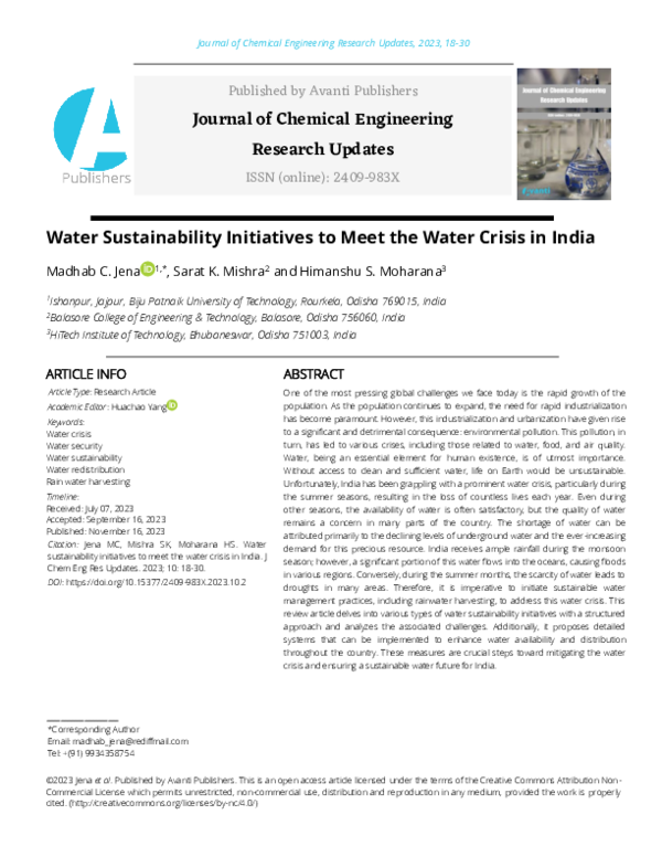 (PDF) Water Sustainability Initiatives to Meet the Water Crisis in India