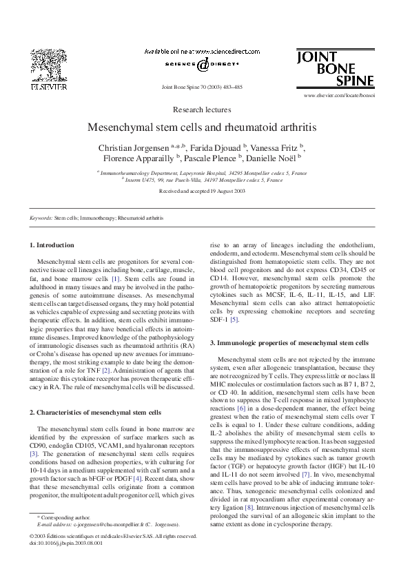 (PDF) Mesenchymal stem cells and rheumatoid arthritis | Danièle Noël ...