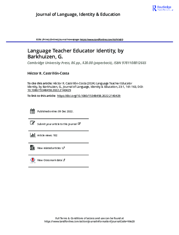 Pdf Language Teacher Educator Identity By Barkhuizen G Book Review