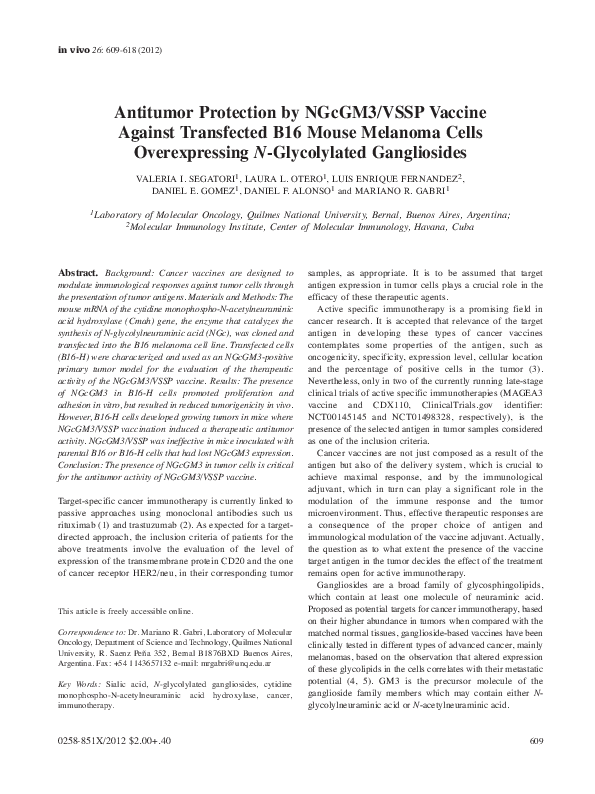 (PDF) Antitumor protection by NGcGM3/VSSP vaccine against transfected ...