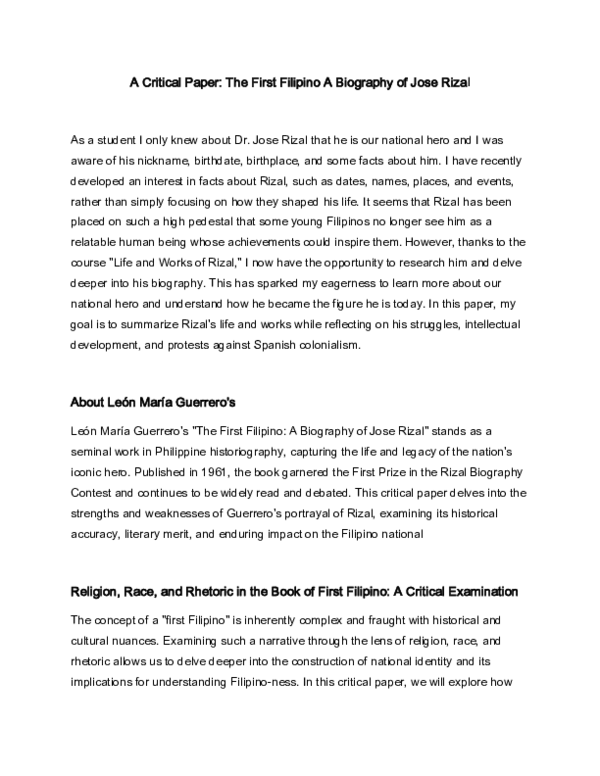 (PDF) A Critical Paper: The First Filipino A Biography of Jose Rizal