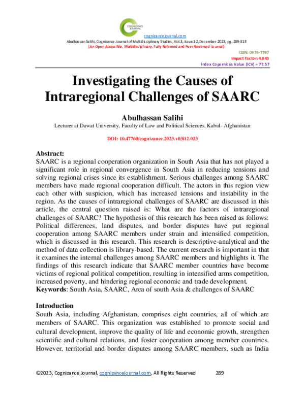 (PDF) Investigating the Causes of Intraregional Challenges of SAARC