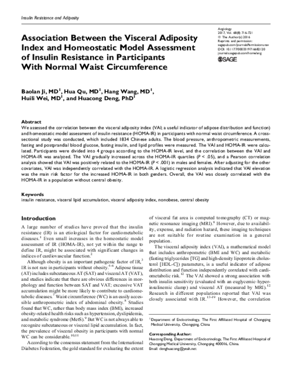 (PDF) Association Between the Visceral Adiposity Index and Homeostatic ...