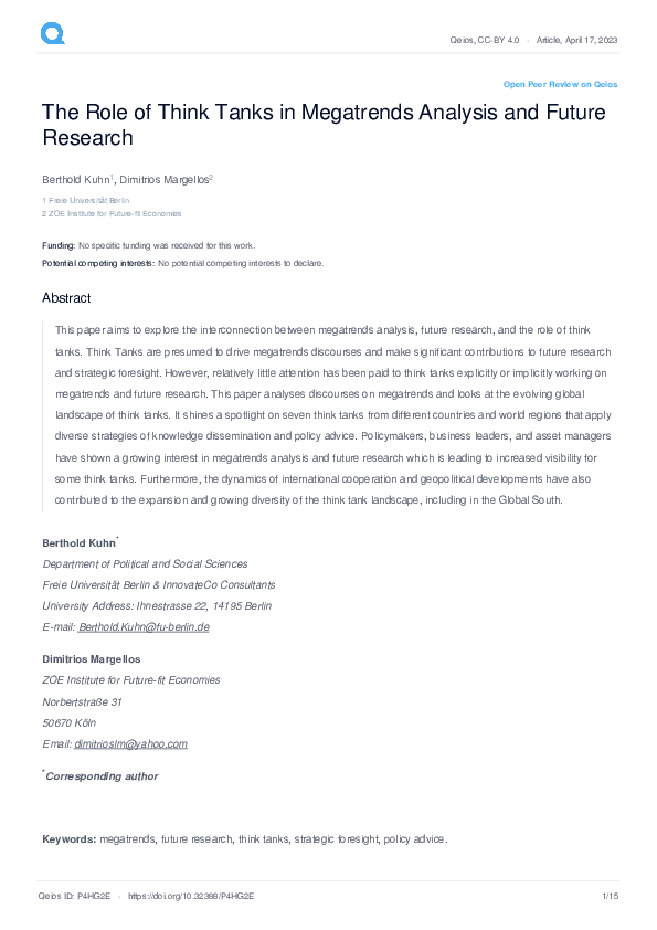 (PDF) The Role of Think Tanks in Megatrends Analysis and Future Research
