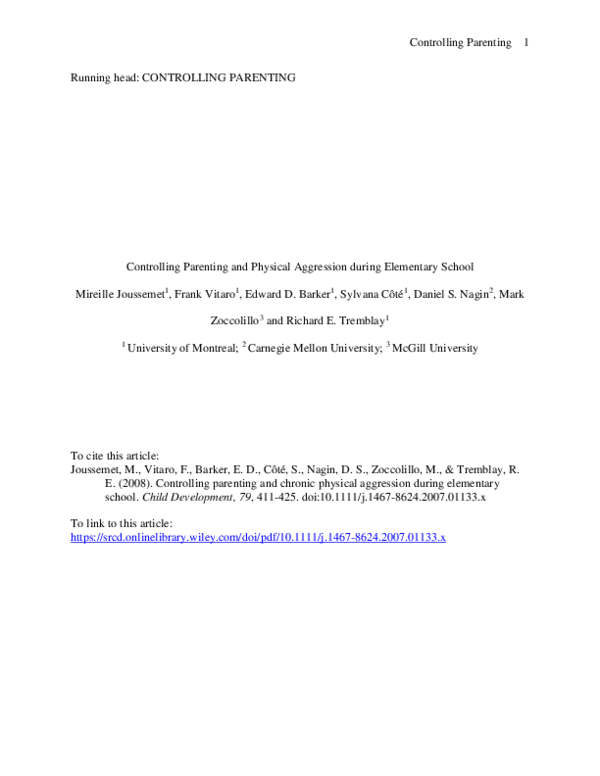 (PDF) Controlling Parenting and Physical Aggression During Elementary ...