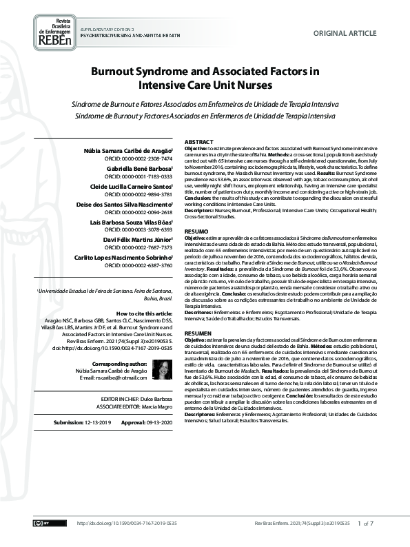 (PDF) Burnout Syndrome and Associated Factors in Intensive Care Unit Nurses