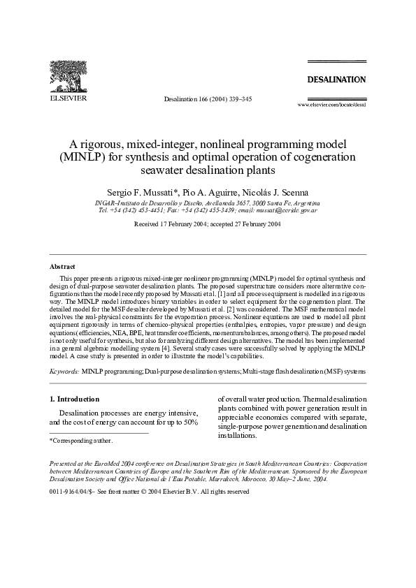 (PDF) A rigorous, mixed-integer, nonlineal programming model (MINLP ...