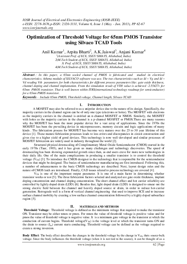 (PDF) Optimization of Threshold Voltage for 65nm PMOS Transistor using ...