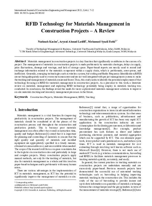 (PDF) RFID Technology for Materials Management in Construction Projects ...