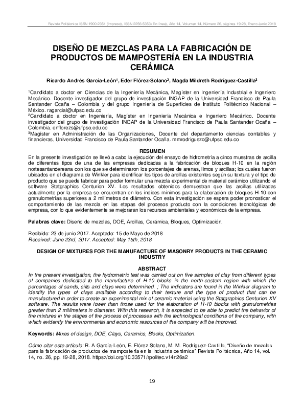 DISEÑO DE MEZCLAS PARA LA FABRICACIÓN DE PRODUCTOS DE MAMPOSTERÍA EN LA INDUSTRIA CERÁMICA