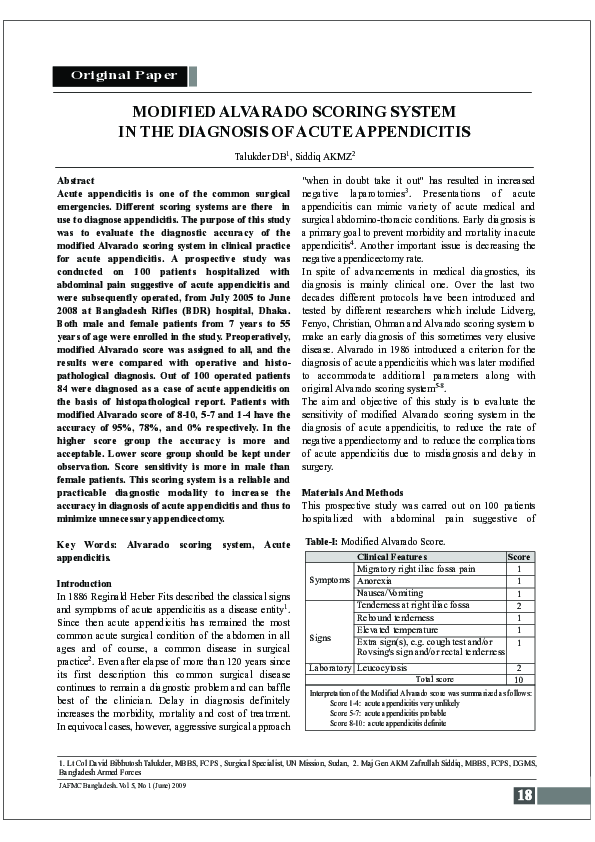 (PDF) Modified Alvarado Scoring System in the Diagnosis of Acute ...
