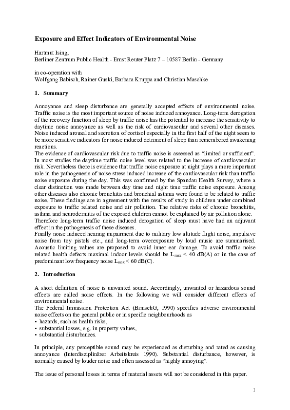 (PDF) Exposure and Effect Indicators of Environmental Noise