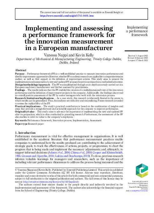 (PDF) Implementing and assessing a performance framework for the ...