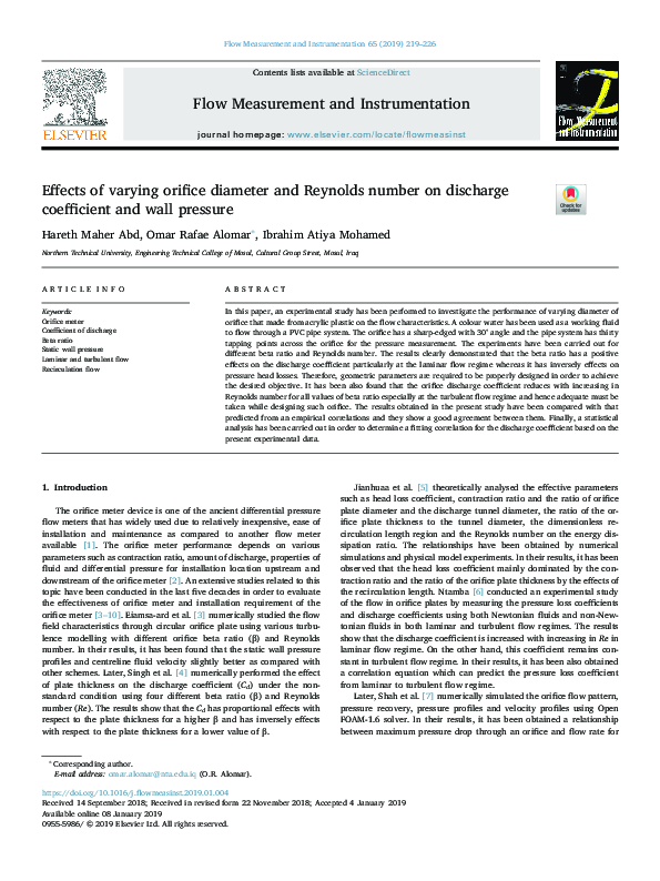 (PDF) Effects of varying orifice diameter and Reynolds number on ...