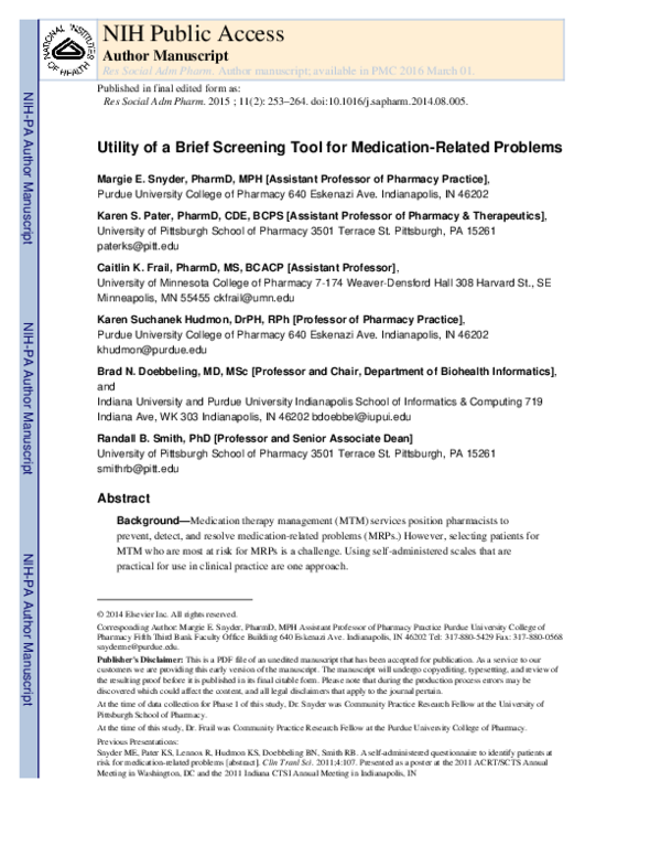 (PDF) Utility of a brief screening tool for medication-related problems