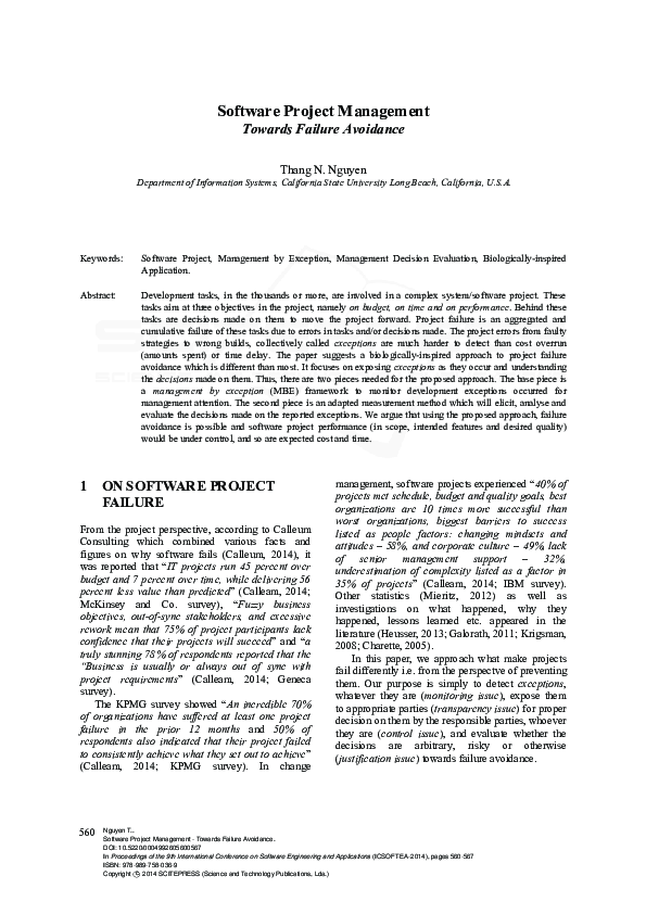 (PDF) Software Project Management - Towards Failure Avoidance