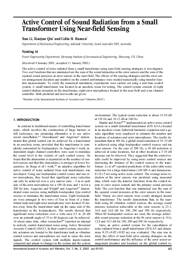 (PDF) Active Control of Sound Radiation from a Small Transformer Using ...