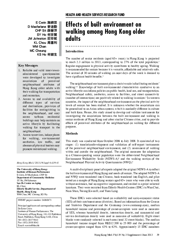 (PDF) Effects of built environment on walking among Hong Kong older adults
