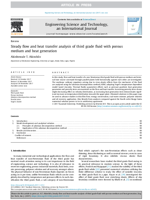 (PDF) Steady flow and heat transfer analysis of third grade fluid with ...