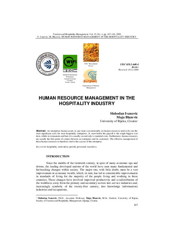 (PDF) Human Resource Management in the Hospitality Industry