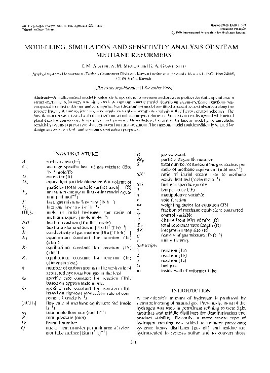 (PDF) Modelling, simulation and sensitivity analysis of a steam methane ...