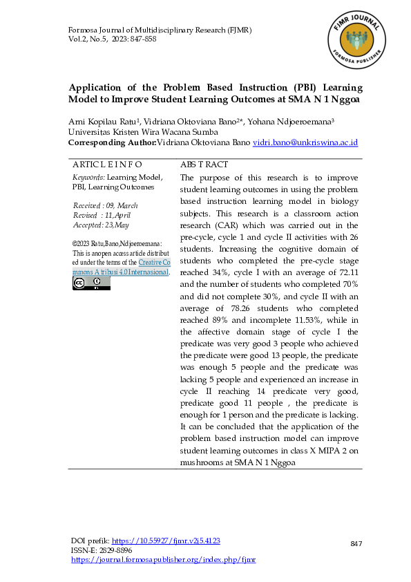 (PDF) Application of the Problem Based Instruction (PBI) Learning Model ...