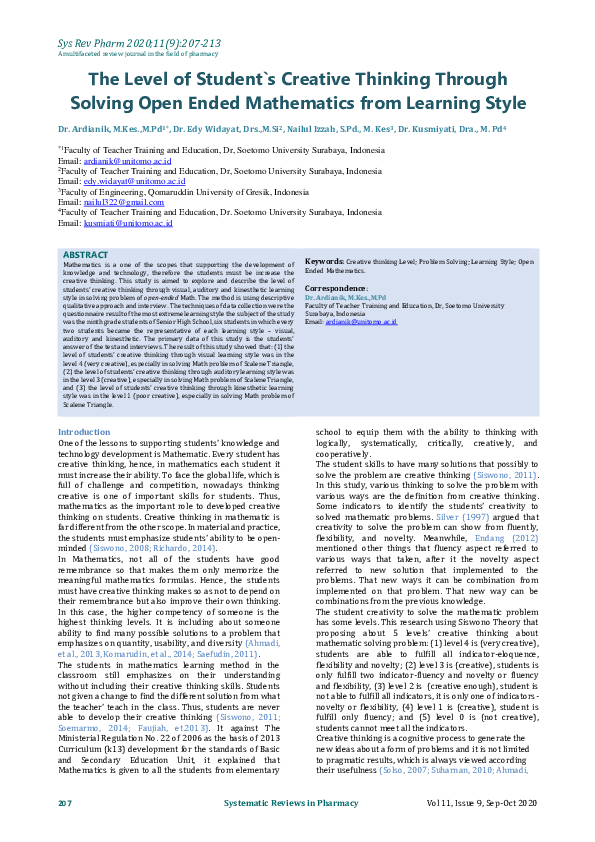(PDF) The Level of Students’ Creative Thinking Through Solving Open ...