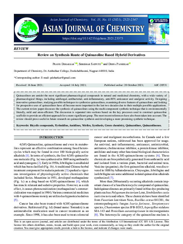 (PDF) Review on Synthesis Route of Quinazoline Based Hybrid Derivatives
