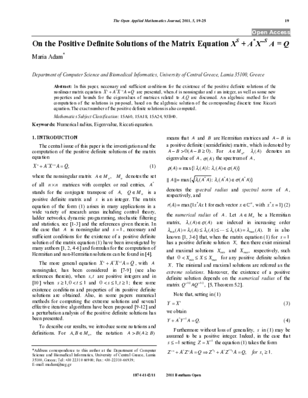 (PDF) On the Positive Definite Solutions of the Matrix Equation XS + A ...