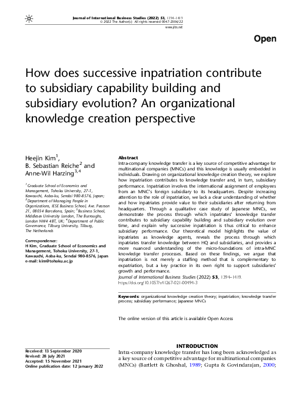 (PDF) How does successive inpatriation contribute to subsidiary ...